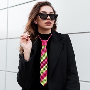 Pink and Green Pearl Tie Necklace Chain Set Fun Cute Fashion Statement